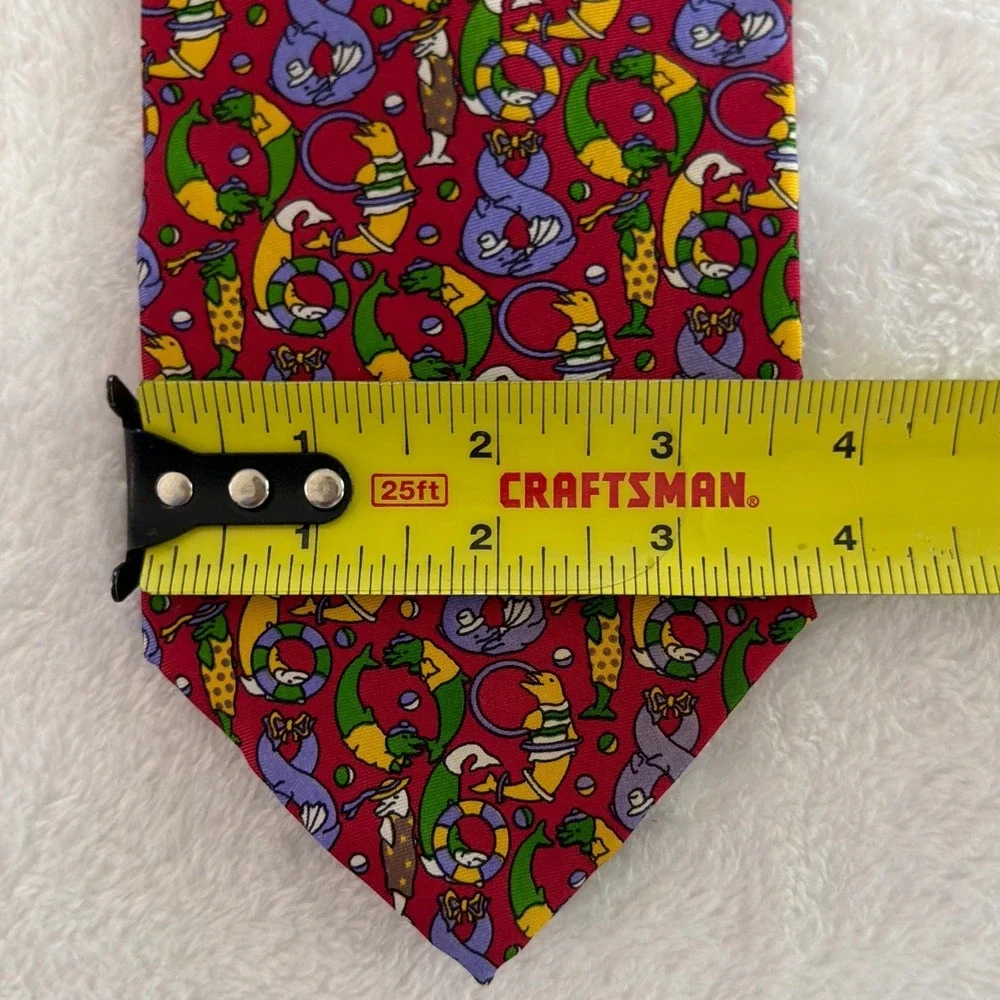 Christian Dior Monsieur Red Silk‎ Circus Dolphin Seal Novelty Print Necktie USA
